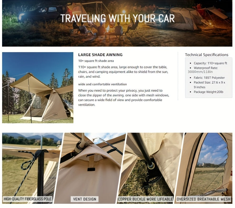 SUV Car Tent, Tailgate Shade Awning Tent for Camping