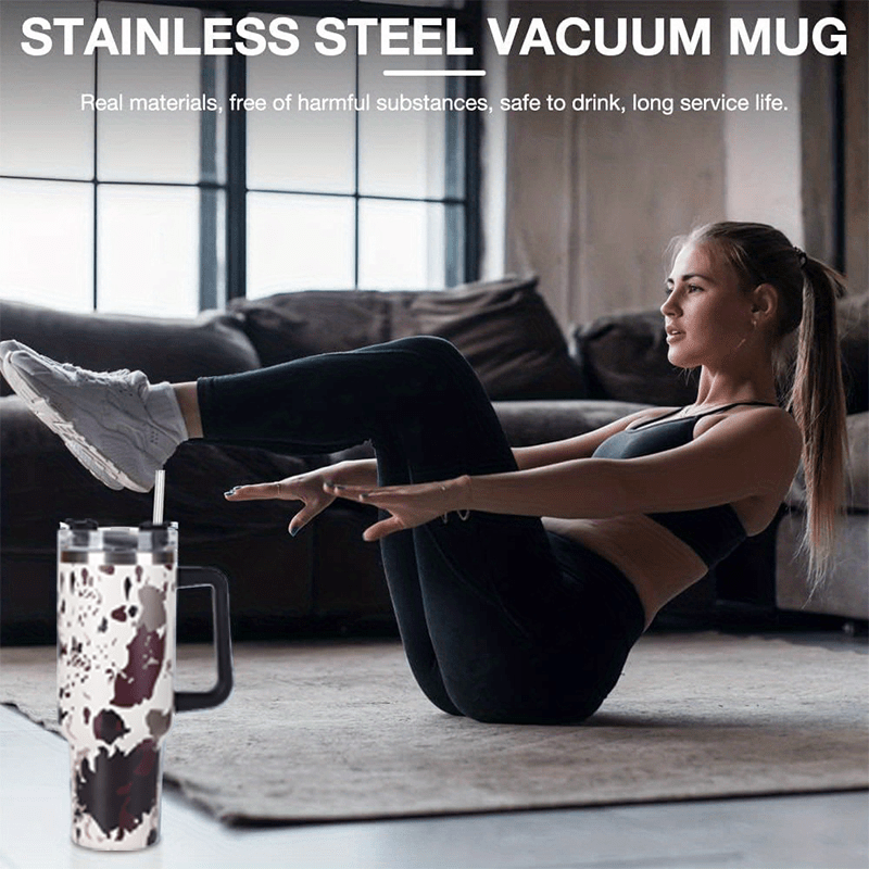 Insulated Cow Print Tumbler with Handle and Straw Lid - 40oz Capacity, 304 Stainless Steel