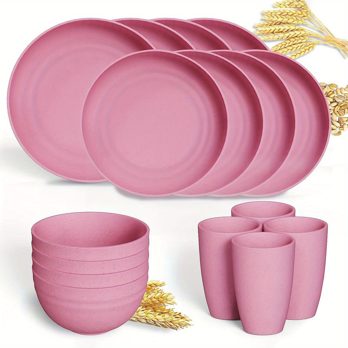 16pcs Unbreakable Wheat Straw Dinnerware Sets, Lightweight Plates Cups And Bowls Sets