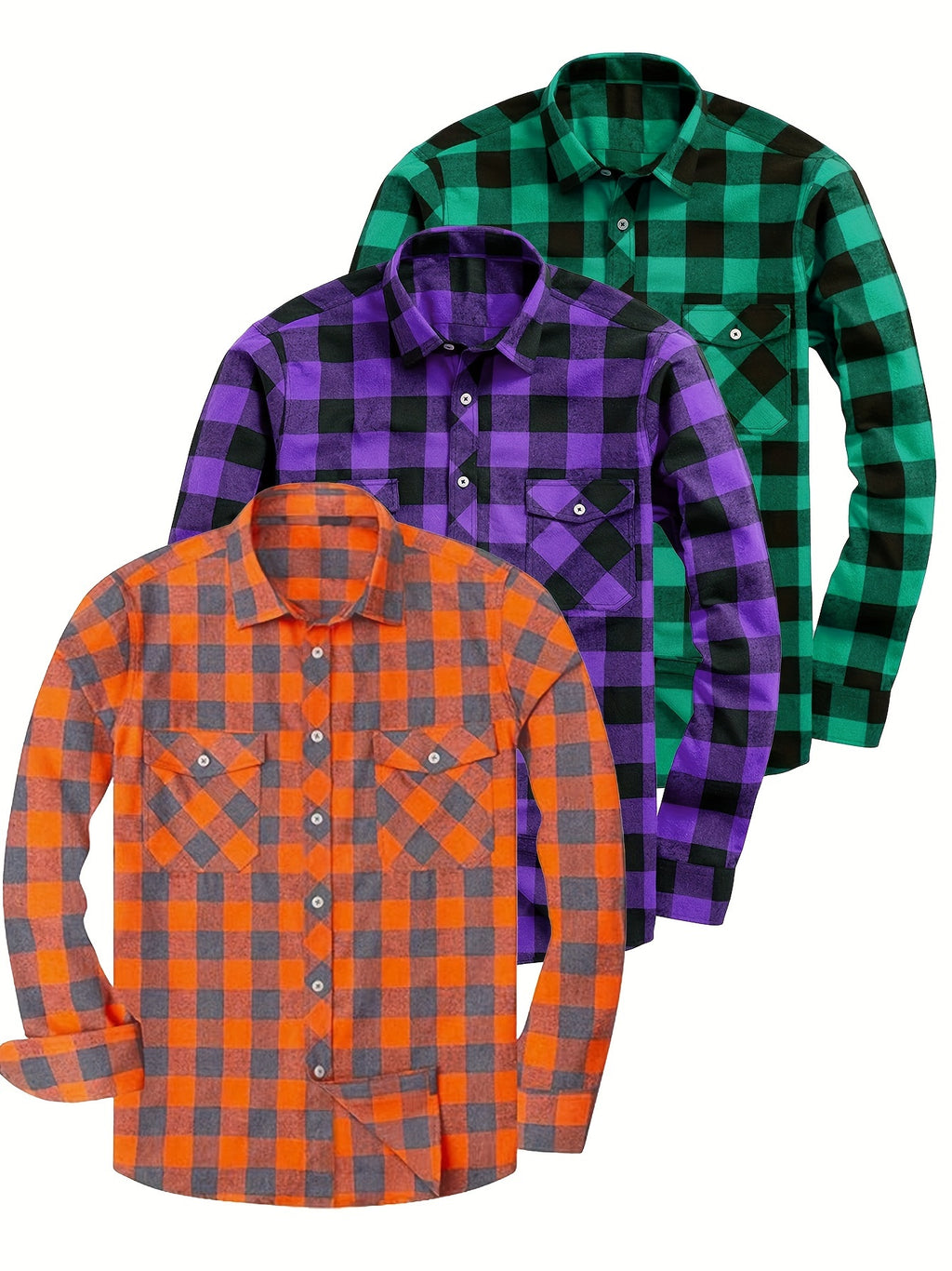 3pcs Stylish Plaid Pattern Long Sleeve Button Down Shirts