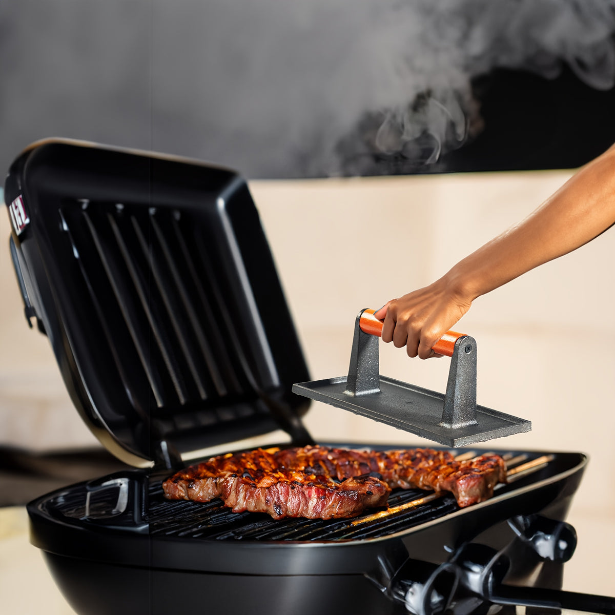 Cast Iron Grill Press With Wooden Handle