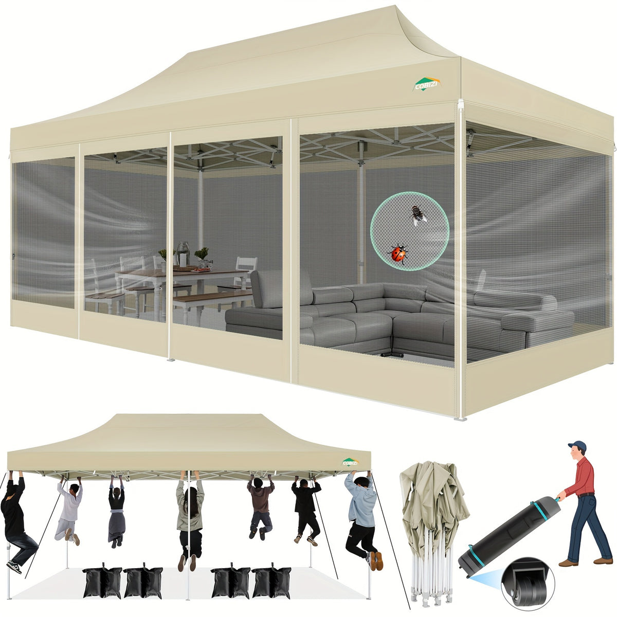 10x20ft Outdoor Canopy Tent with Sidewalls, Waterproof Canopy, Carry Bag with Wheels