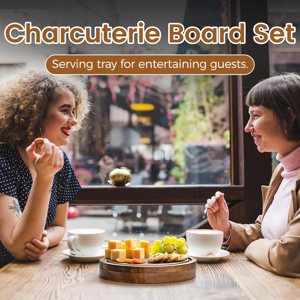 Acacia Wood Cheese Board Set - Large Charcuterie Board with Slide-Out Drawer