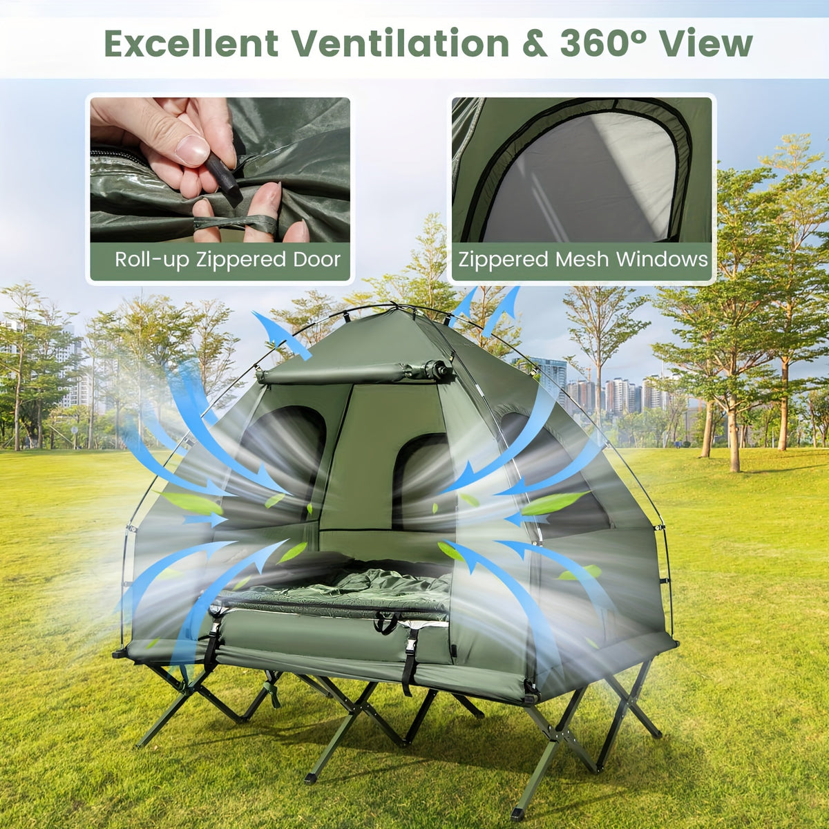 2-Person Compact Portable Pop-Up Tent/Camping Cot W/ Air Mattress & Sleeping Bag