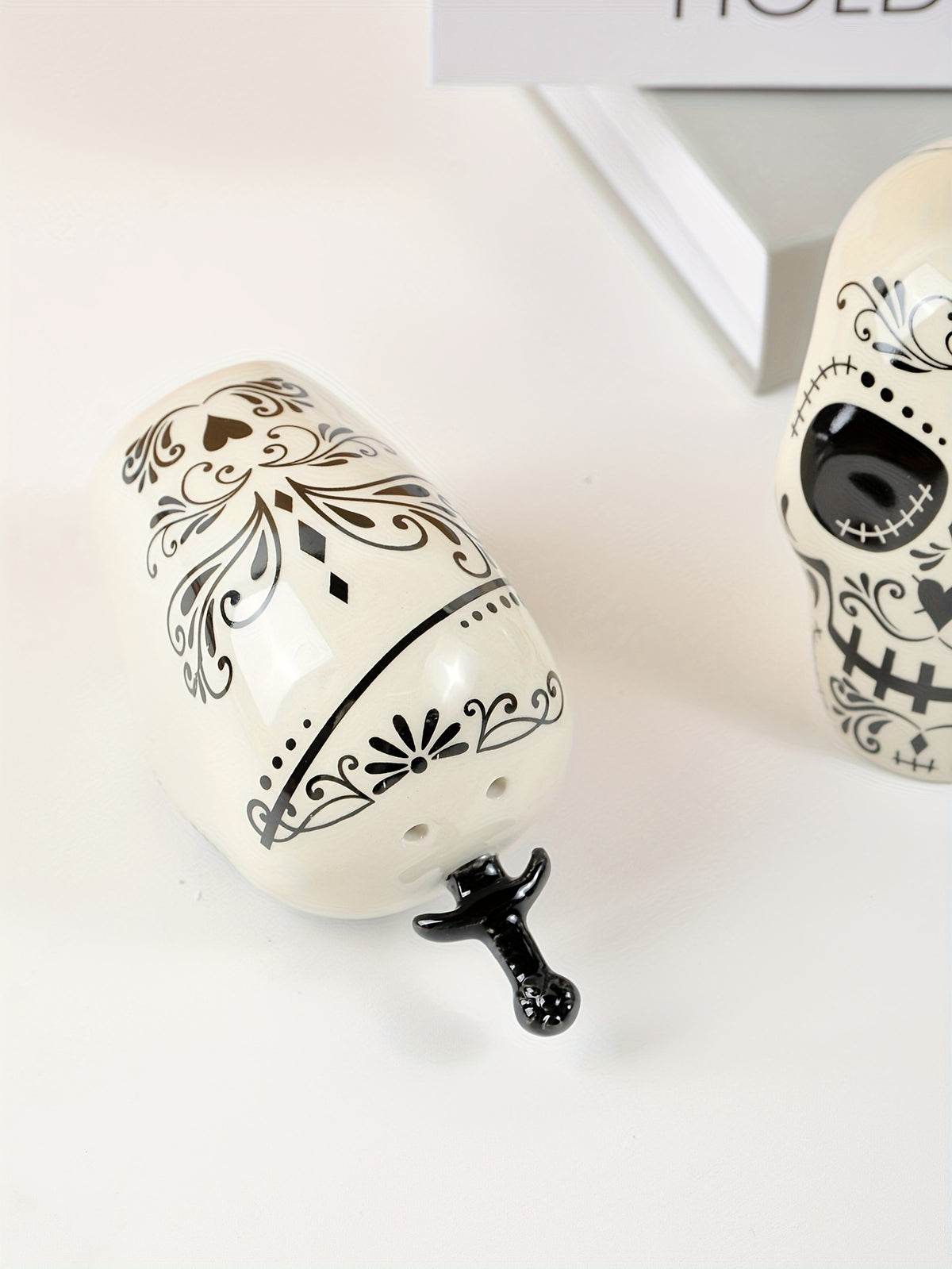Ceramic Sugar Skull Salt and Pepper Shakers Set, 2PCS