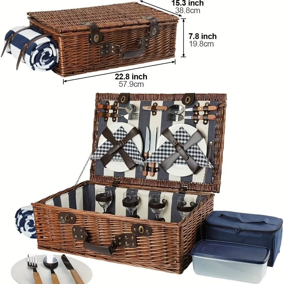 Extra Large Willow Picnic Basket with Service Set for 4 Persons