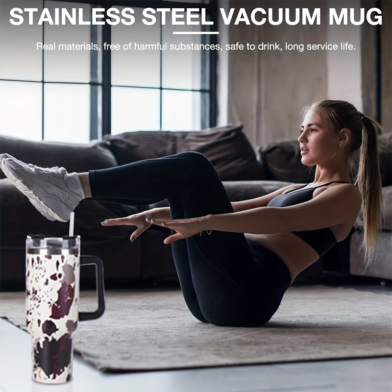 Insulated Cow Print Tumbler with Handle and Straw Lid - 40oz Capacity, 304 Stainless Steel