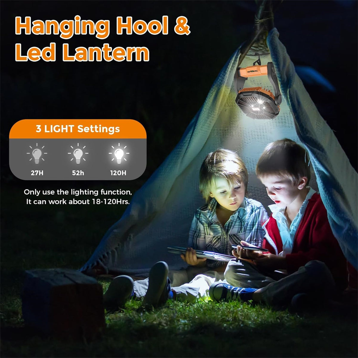 58H Long-Lasting Rechargeable Camping Fan with LED Lantern