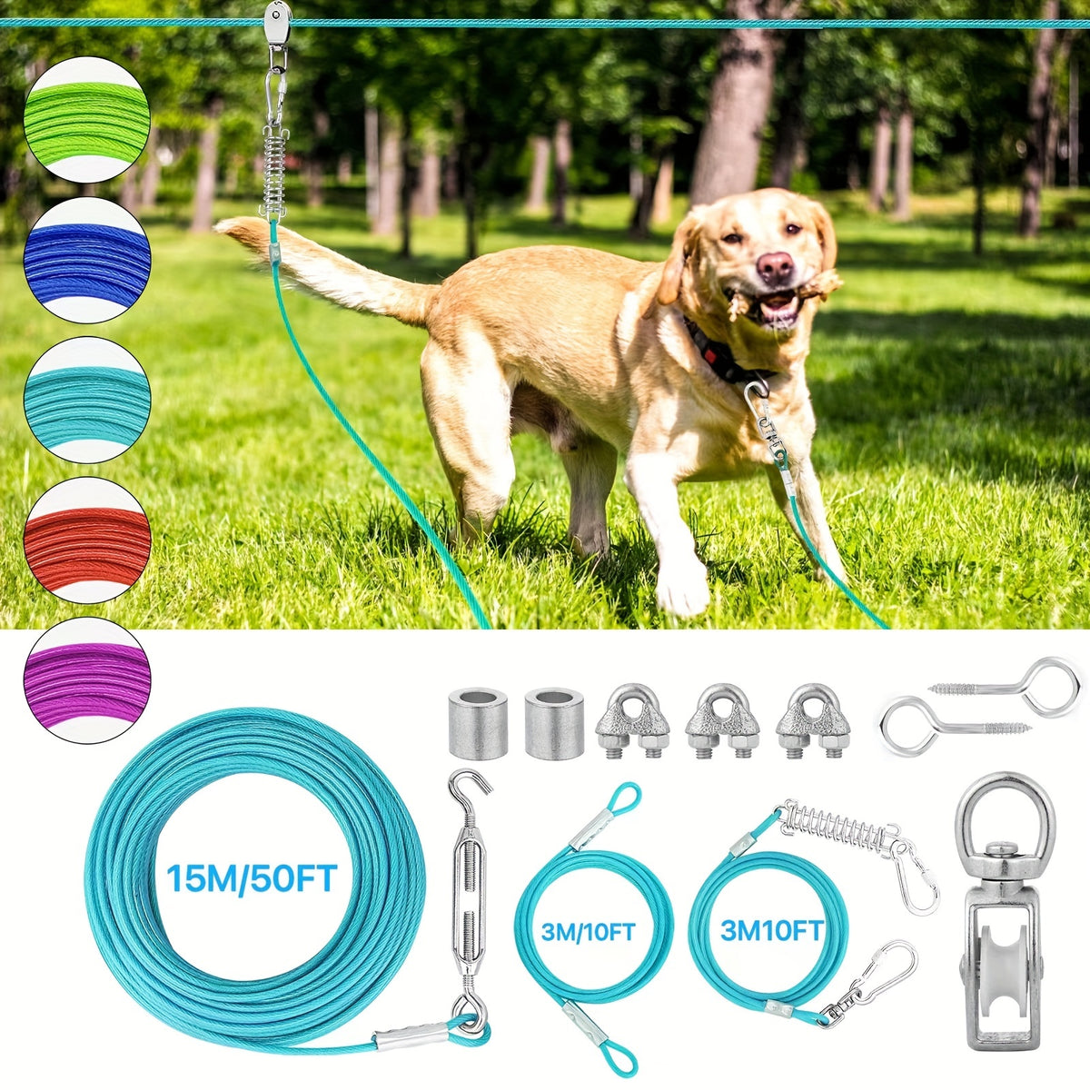 50ft/75ft/100ft Dog Zipline With 10ft Dog Runner Cable