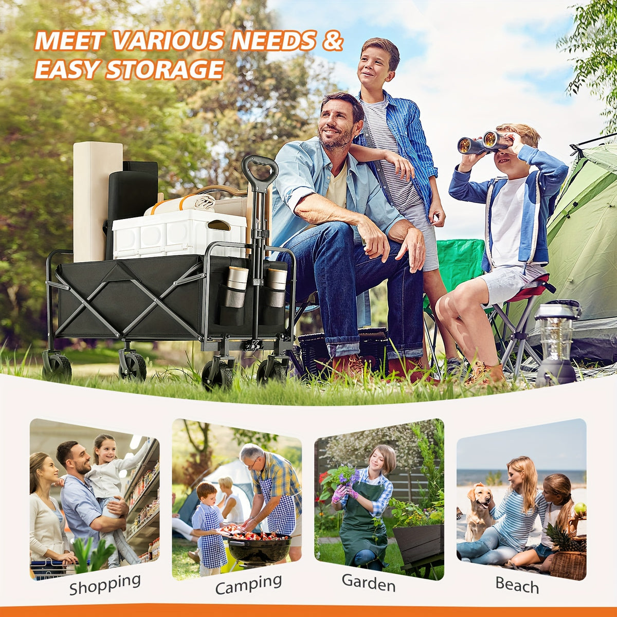 Collapsible Foldable Wagon Cart, Large Capacity with All-Terrain Wheels