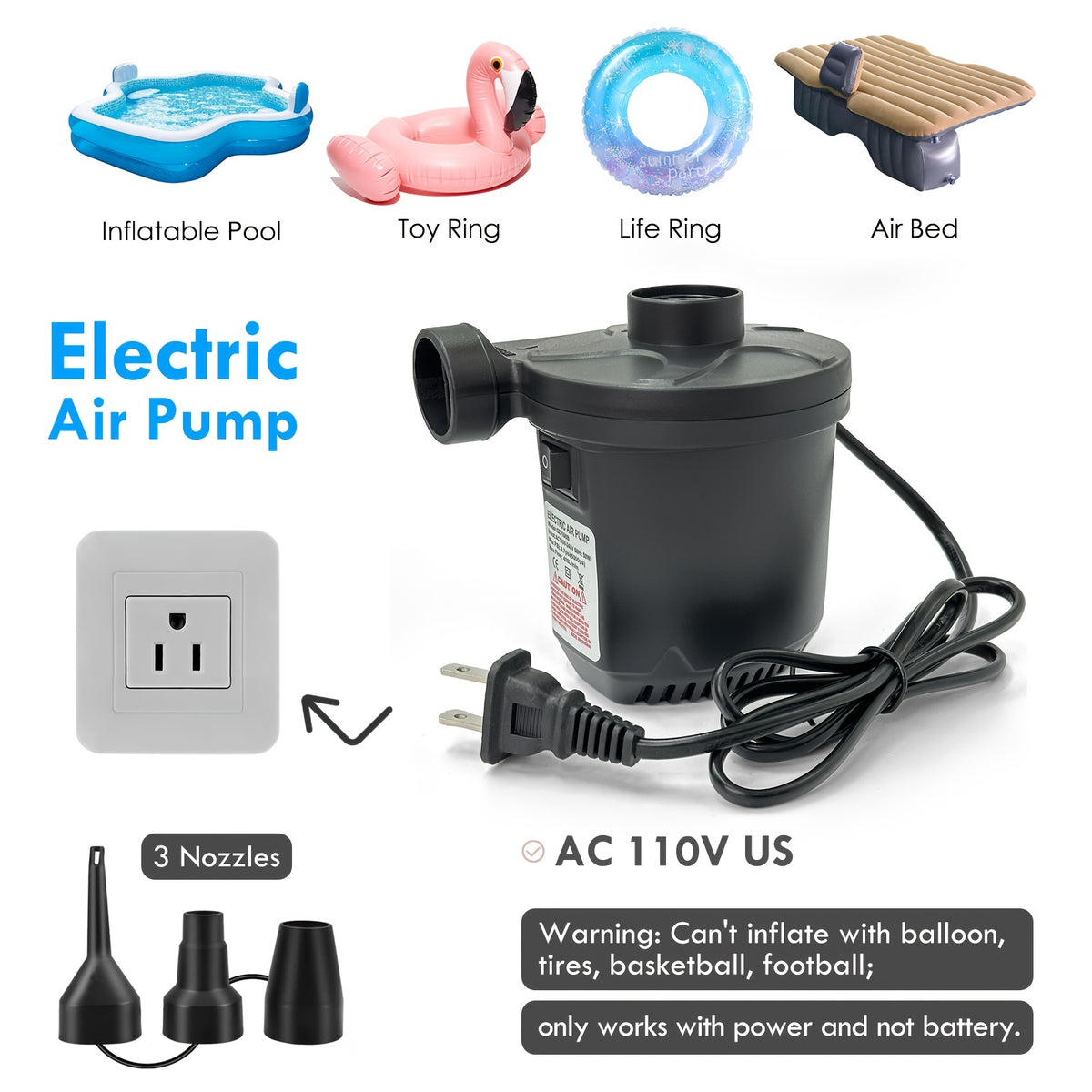 Electric Air Pump For Inflatables, Air Mattress Pump With 3 Nozzles