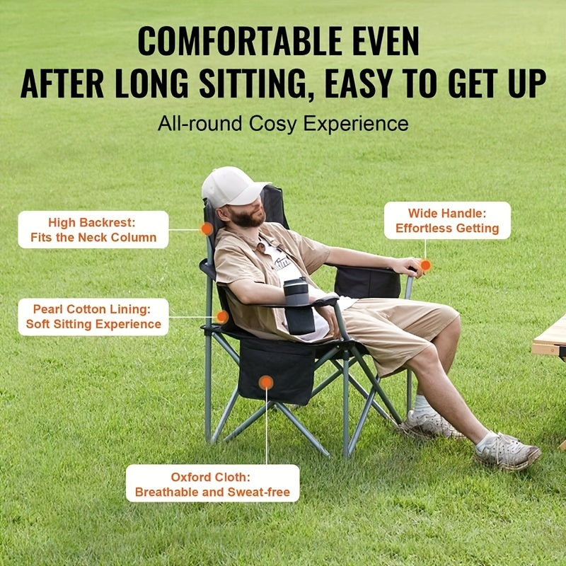 Heavy Duty Portable Folding Chair - with Side Pockets, Cup Holder, Cooler Bag