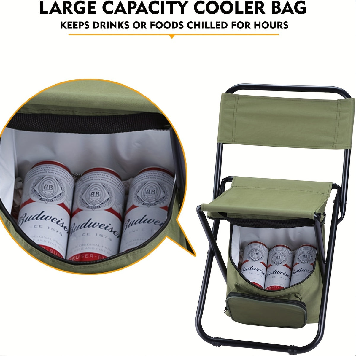2pcs Small Folding Fishing Chair With Cooler Bag, Supports 220lbs (Green)