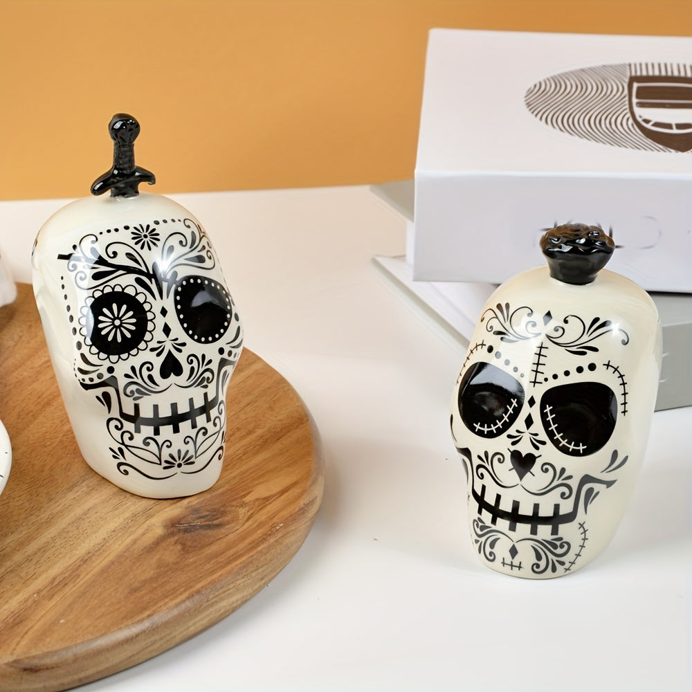 Ceramic Sugar Skull Salt and Pepper Shakers Set, 2PCS