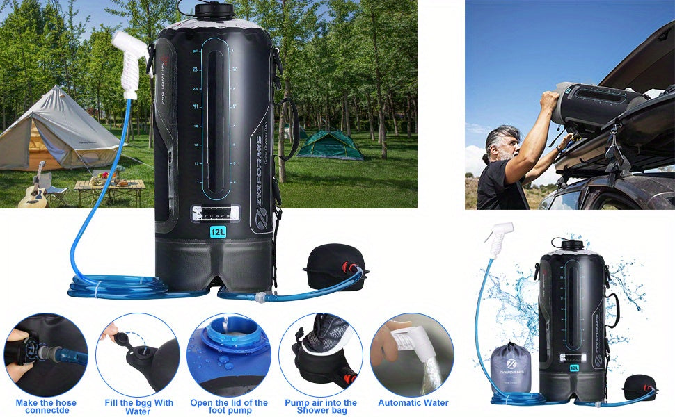 12/20L TPU Portable Camping Shower Bag-Easy Fill with Foot Pump