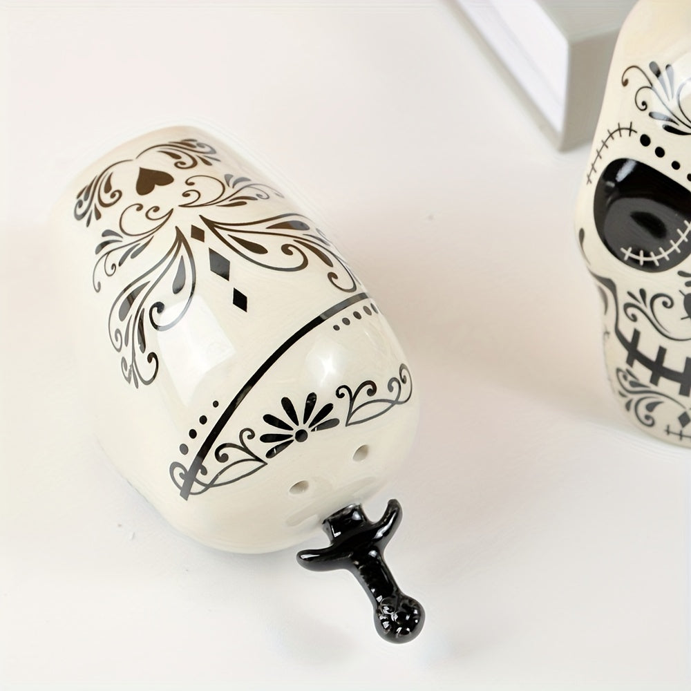 Ceramic Sugar Skull Salt and Pepper Shakers Set, 2PCS