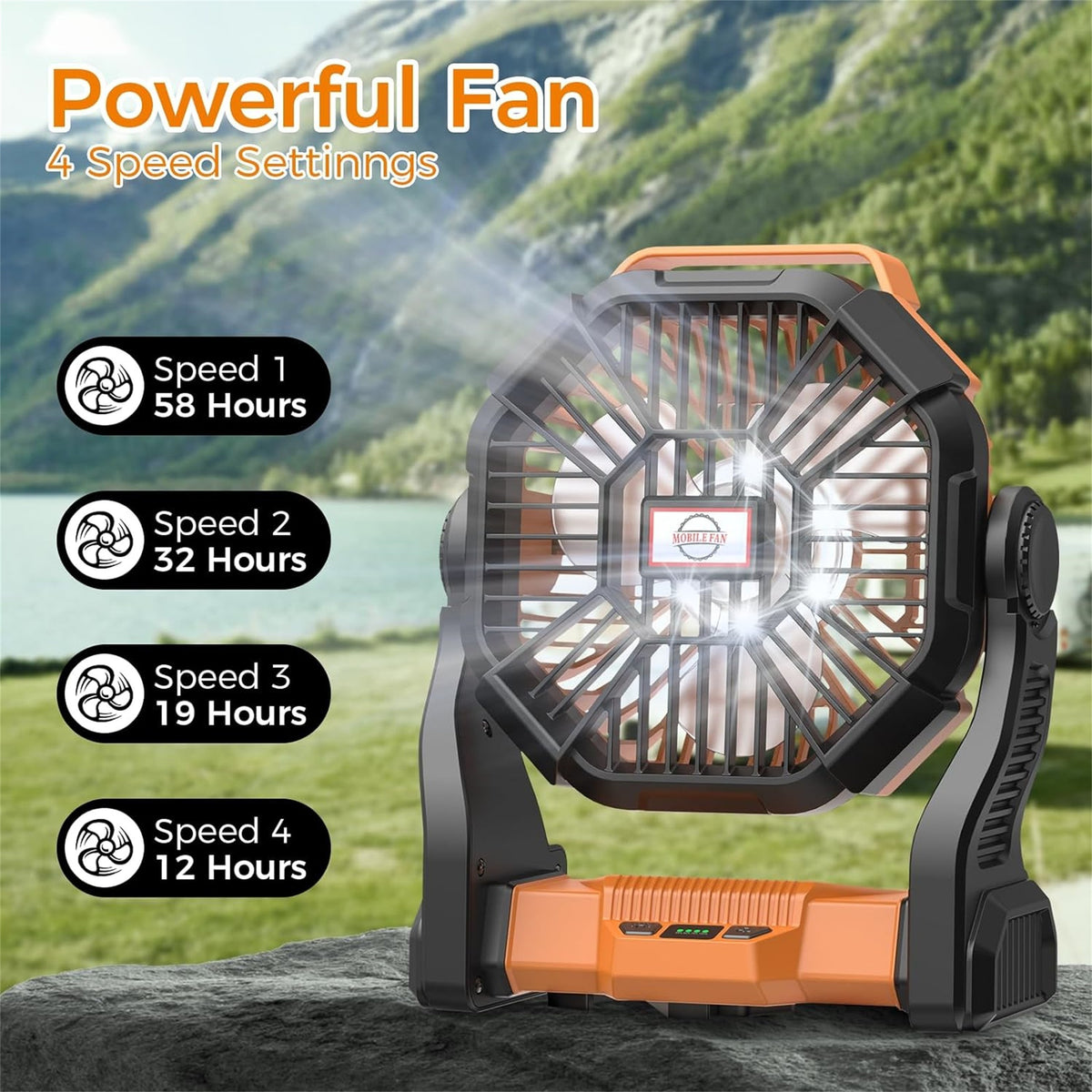 58H Long-Lasting Rechargeable Camping Fan with LED Lantern