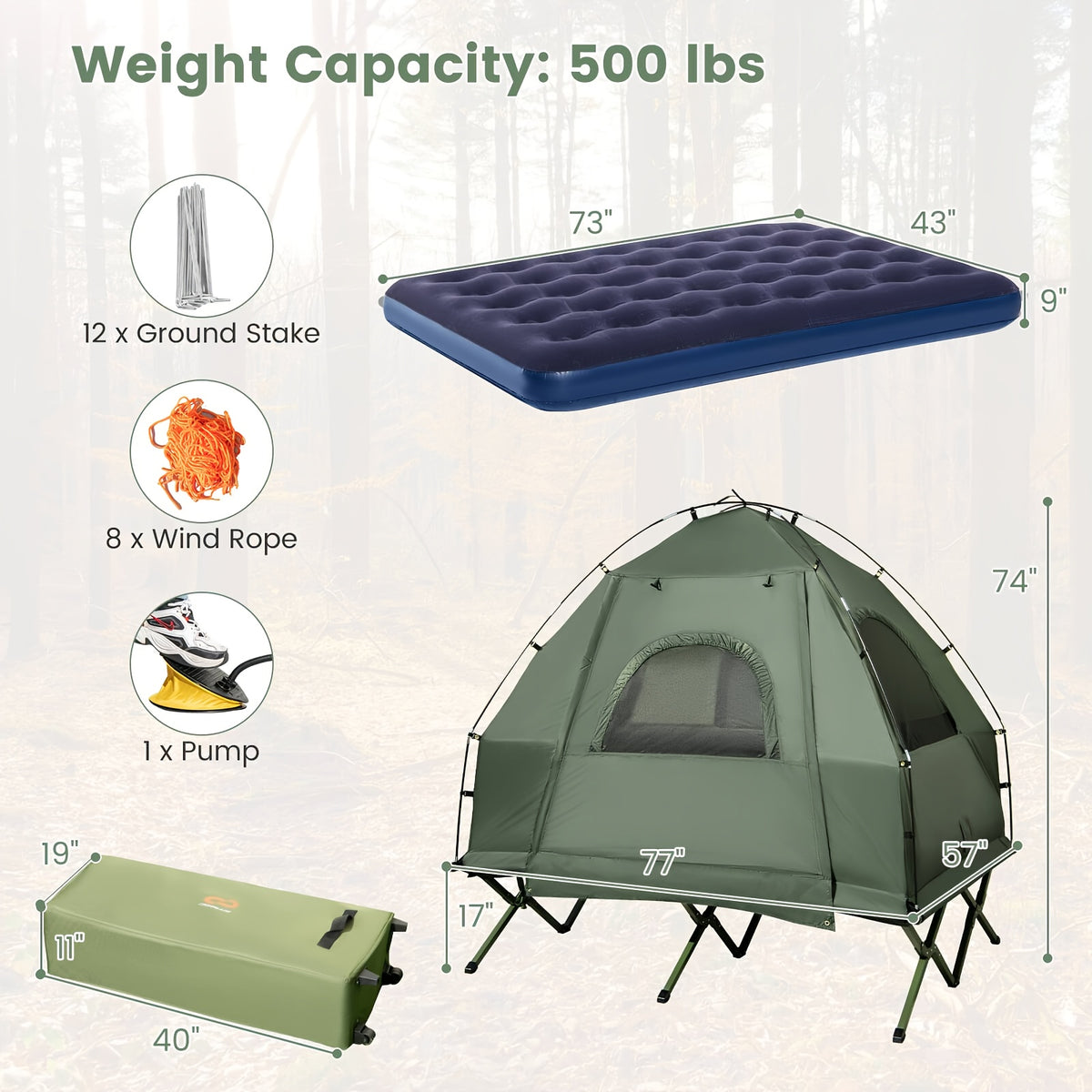 2-Person Compact Portable Pop-Up Tent/Camping Cot W/ Air Mattress & Sleeping Bag
