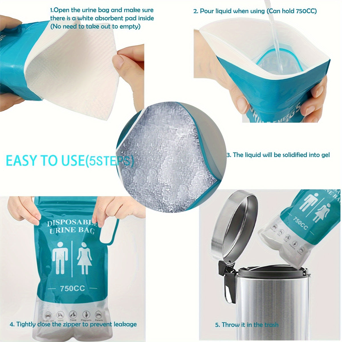 12/24pcs Portable Unisex Emergency Urine Bags - 750ML
