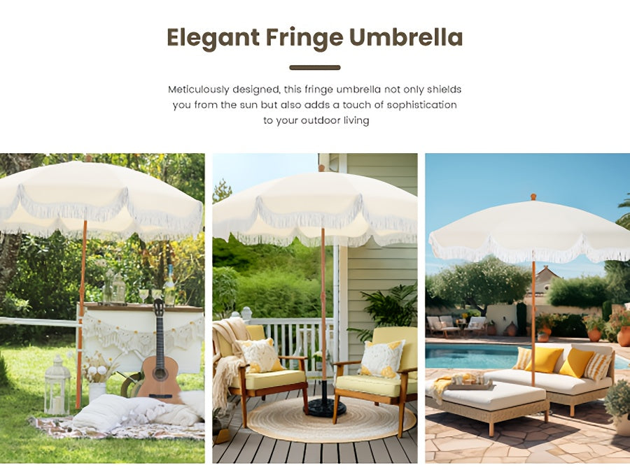 7ft UV 50+ Fringe Beach Umbrella - White Carry Bag Included