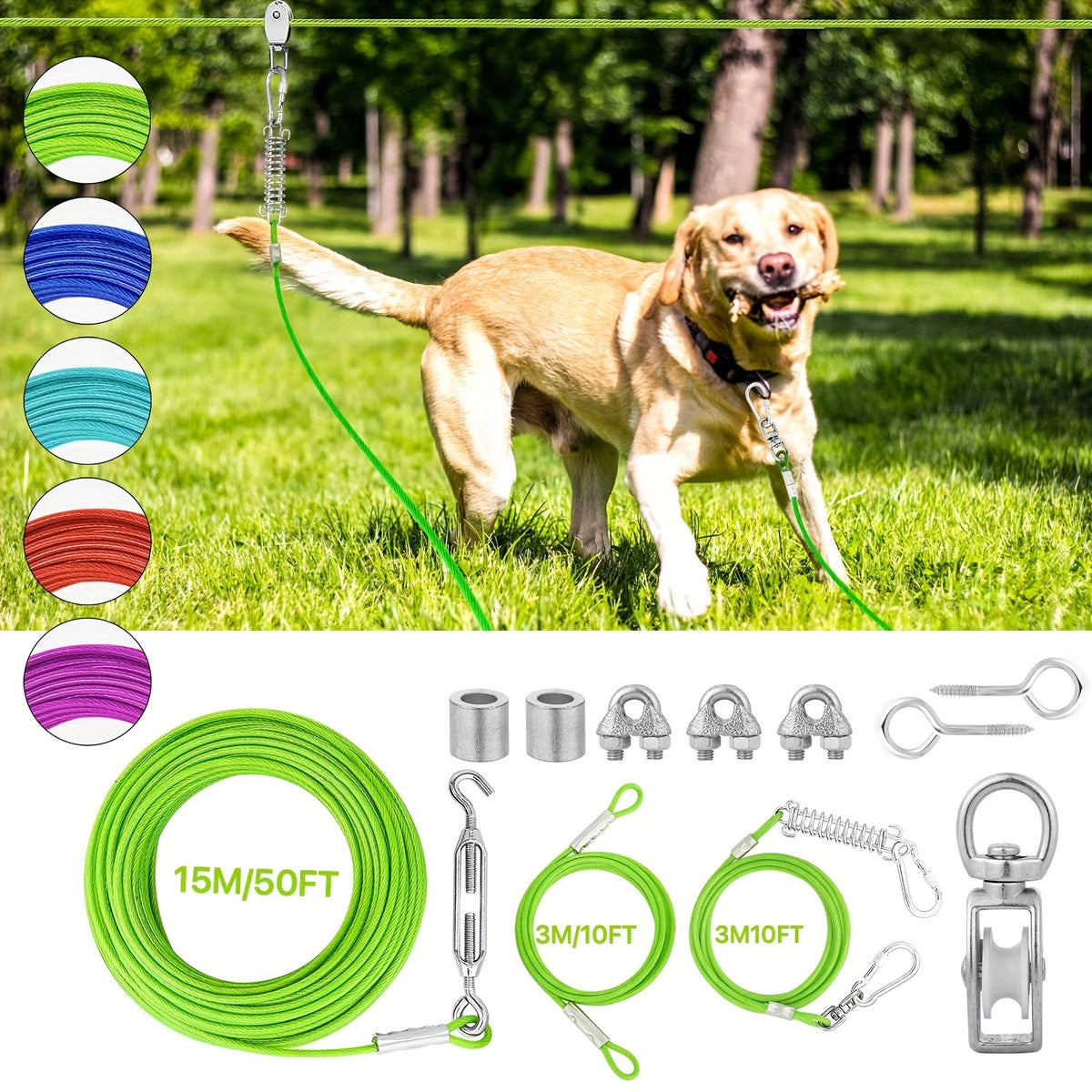 50ft/75ft/100ft Dog Zipline With 10ft Dog Runner Cable
