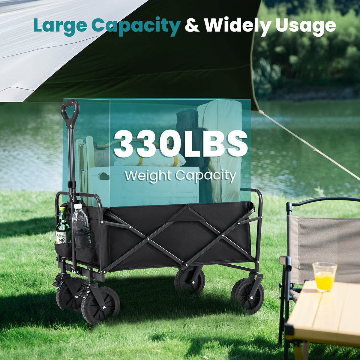 Collapsible Foldable Wagon Cart, Shopping, Camping with Big All-Terrain Wheels