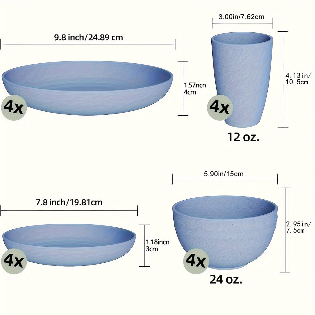 16pcs Unbreakable Wheat Straw Dinnerware Sets, Lightweight Plates Cups And Bowls Sets