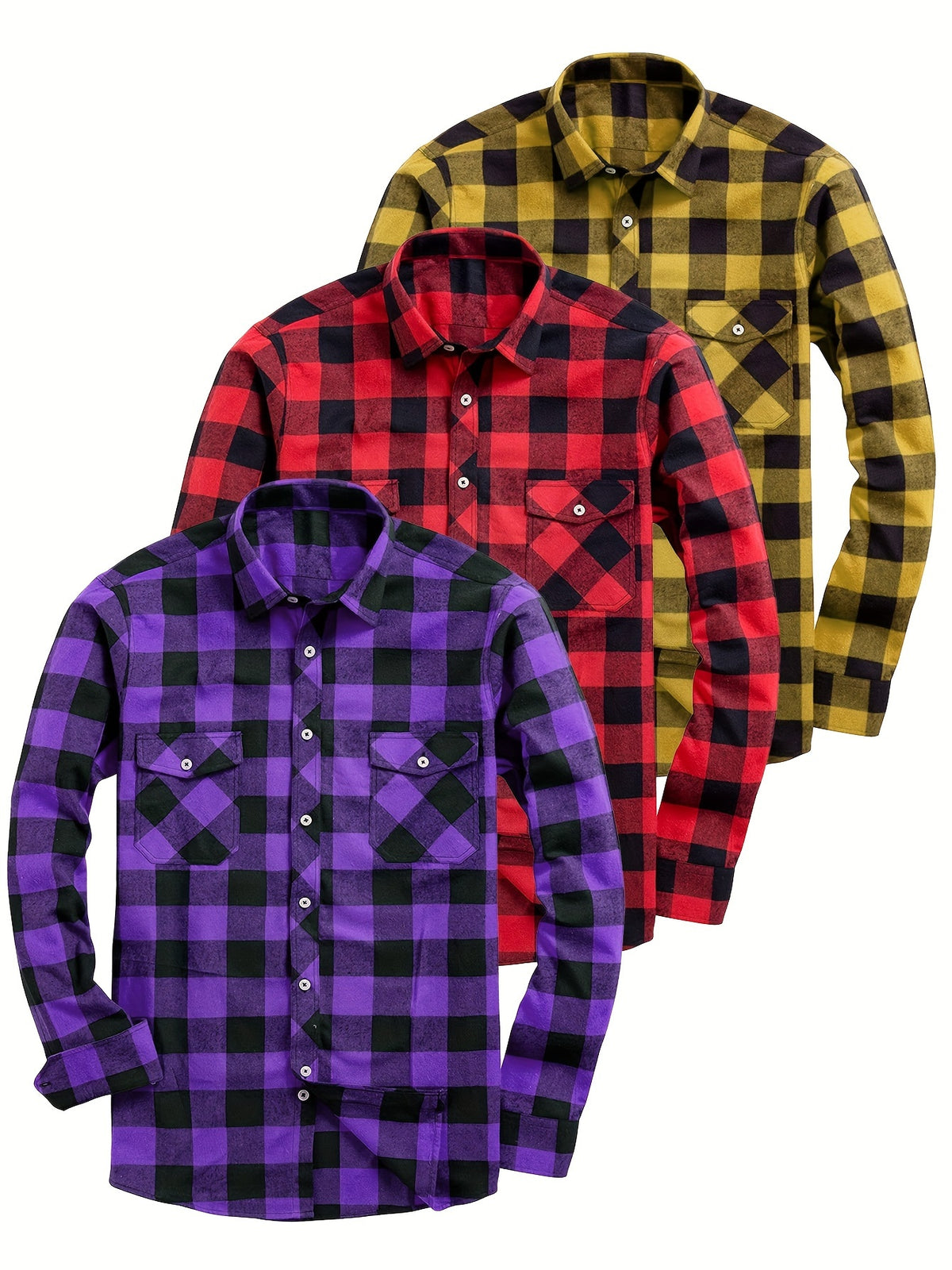 3pcs Stylish Plaid Pattern Long Sleeve Button Down Shirts