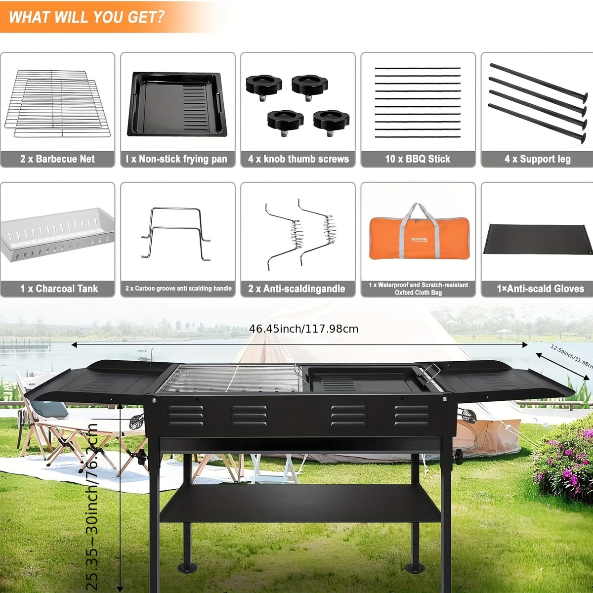 Portable BBQ Grill Master - Foldable Kebab Grill with Storage Rack, Carry Bag