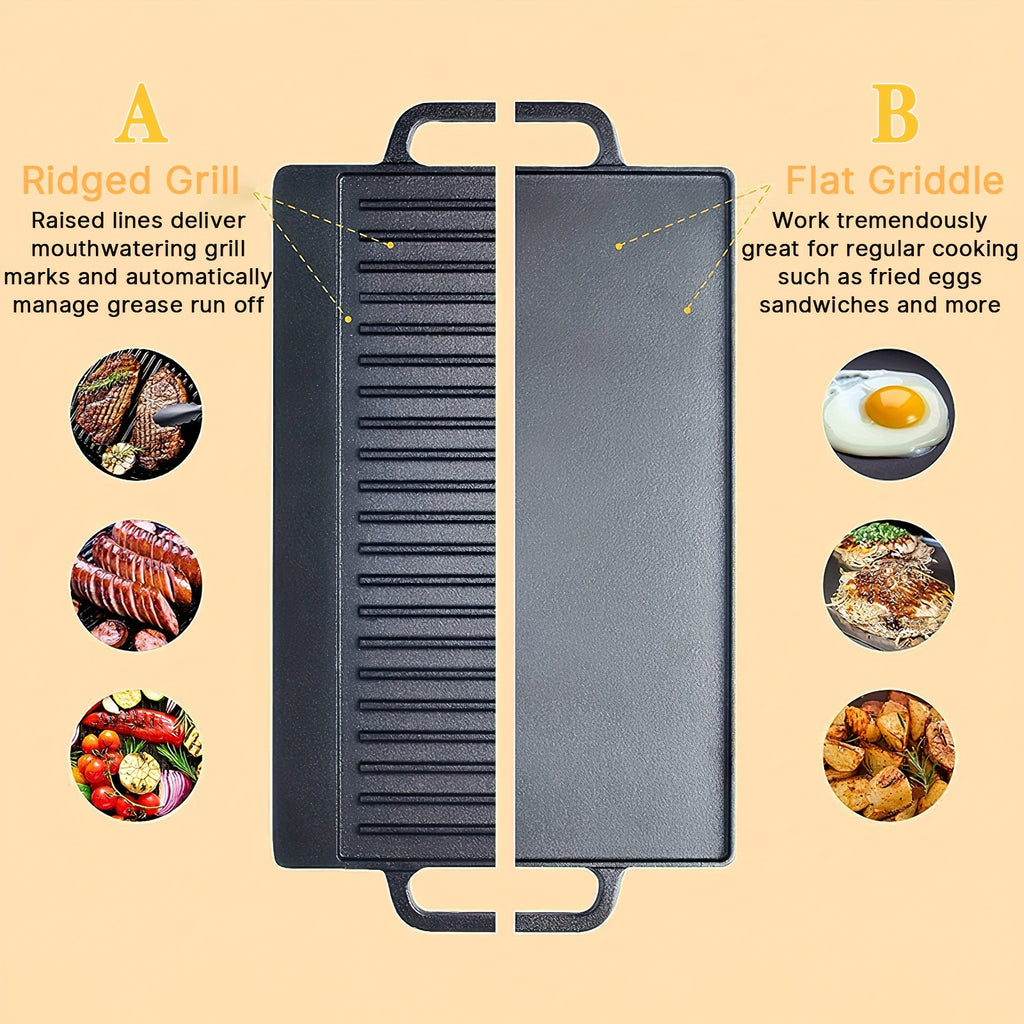 Heavy Duty Reversible Cast Iron Griddle Grill Pan - Double-Sided