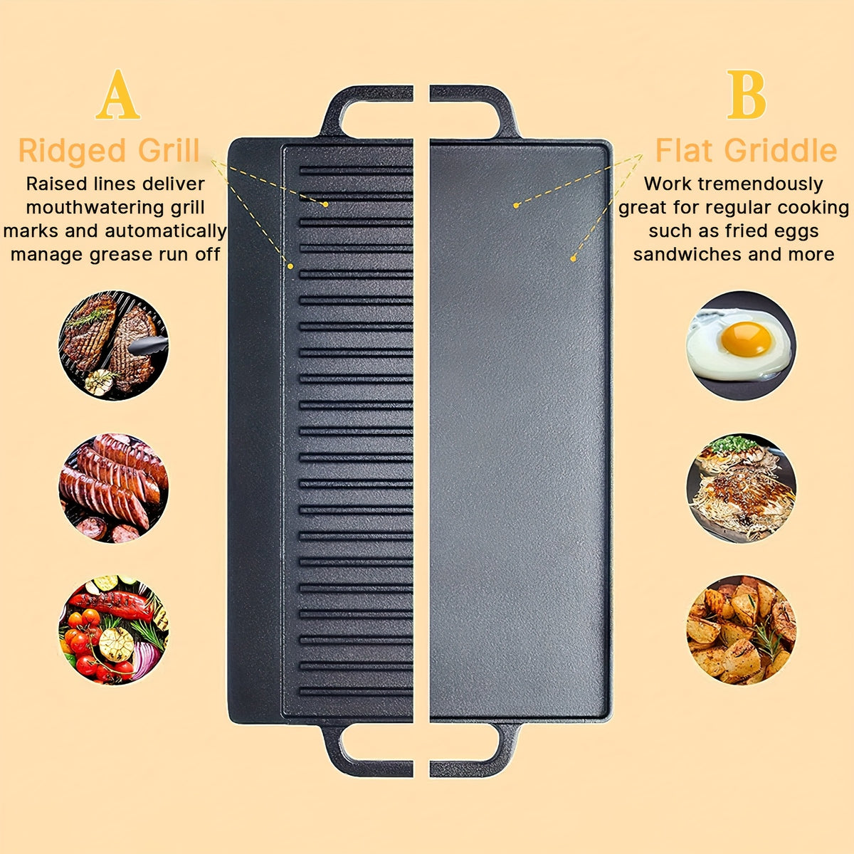 Heavy Duty Reversible Cast Iron Griddle Grill Pan - Double-Sided