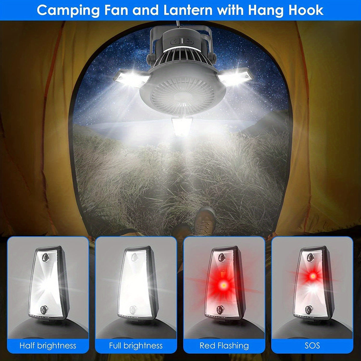 4000mAh Rechargeable Solar Powered Ceiling Fan with LED Lantern