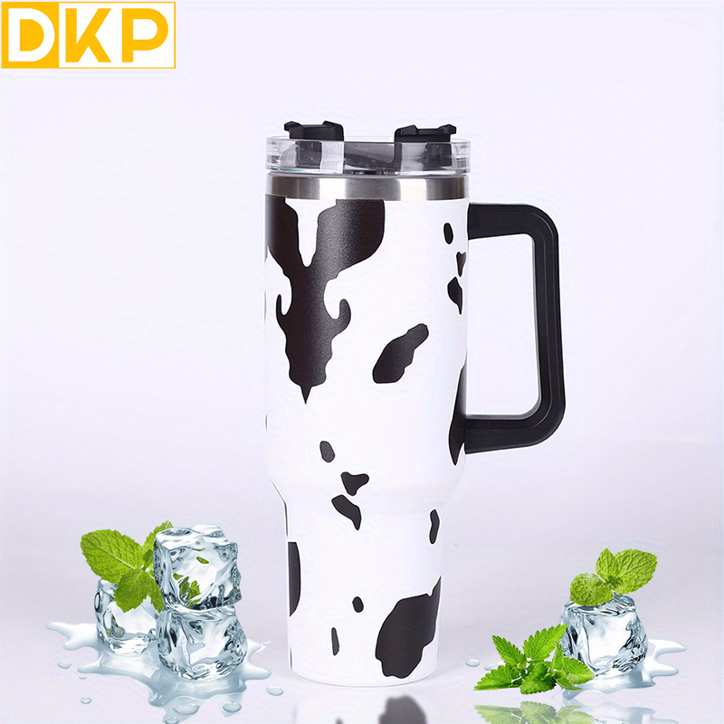 Insulated Cow Print Tumbler with Handle and Straw Lid - 40oz Capacity, 304 Stainless Steel