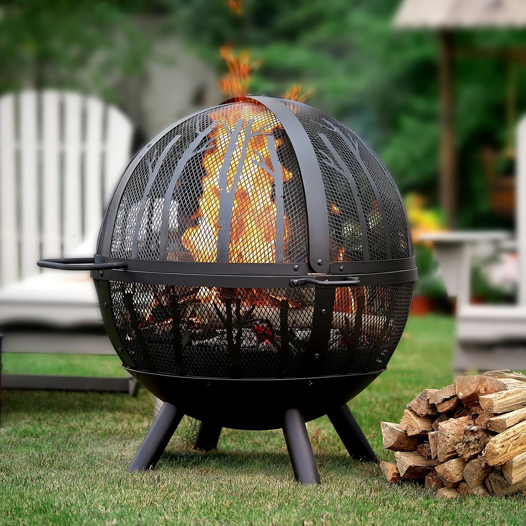 35 Inch  Outdoor Wood Burning Flaming Ball FirePit with Pivot Spark Screen