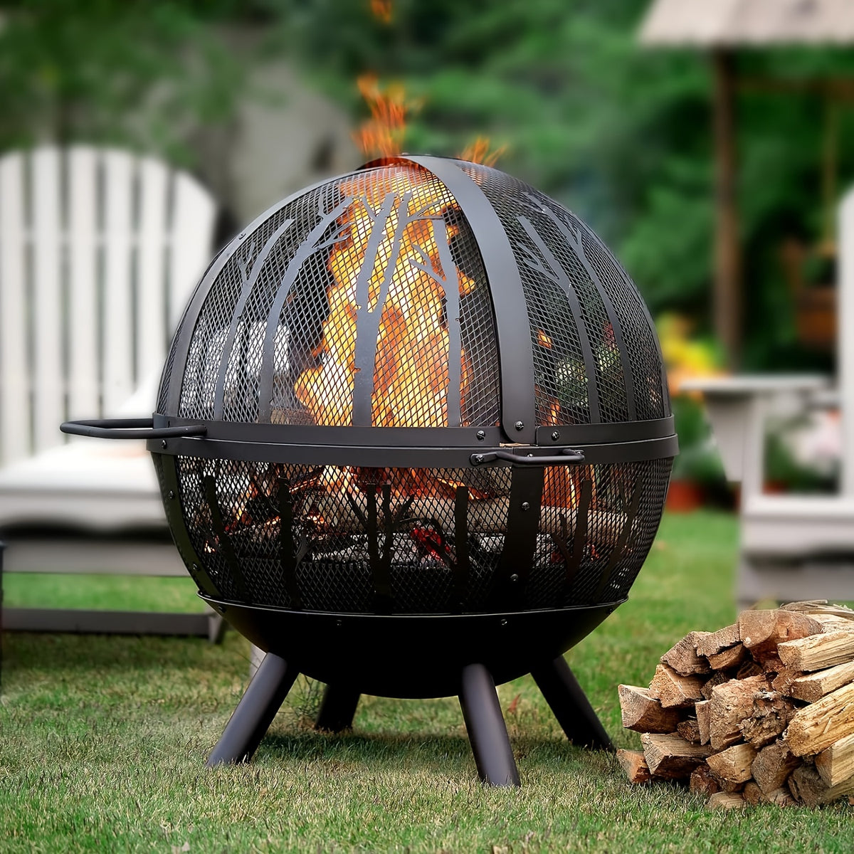 35 Inch  Outdoor Wood Burning Flaming Ball FirePit with Pivot Spark Screen