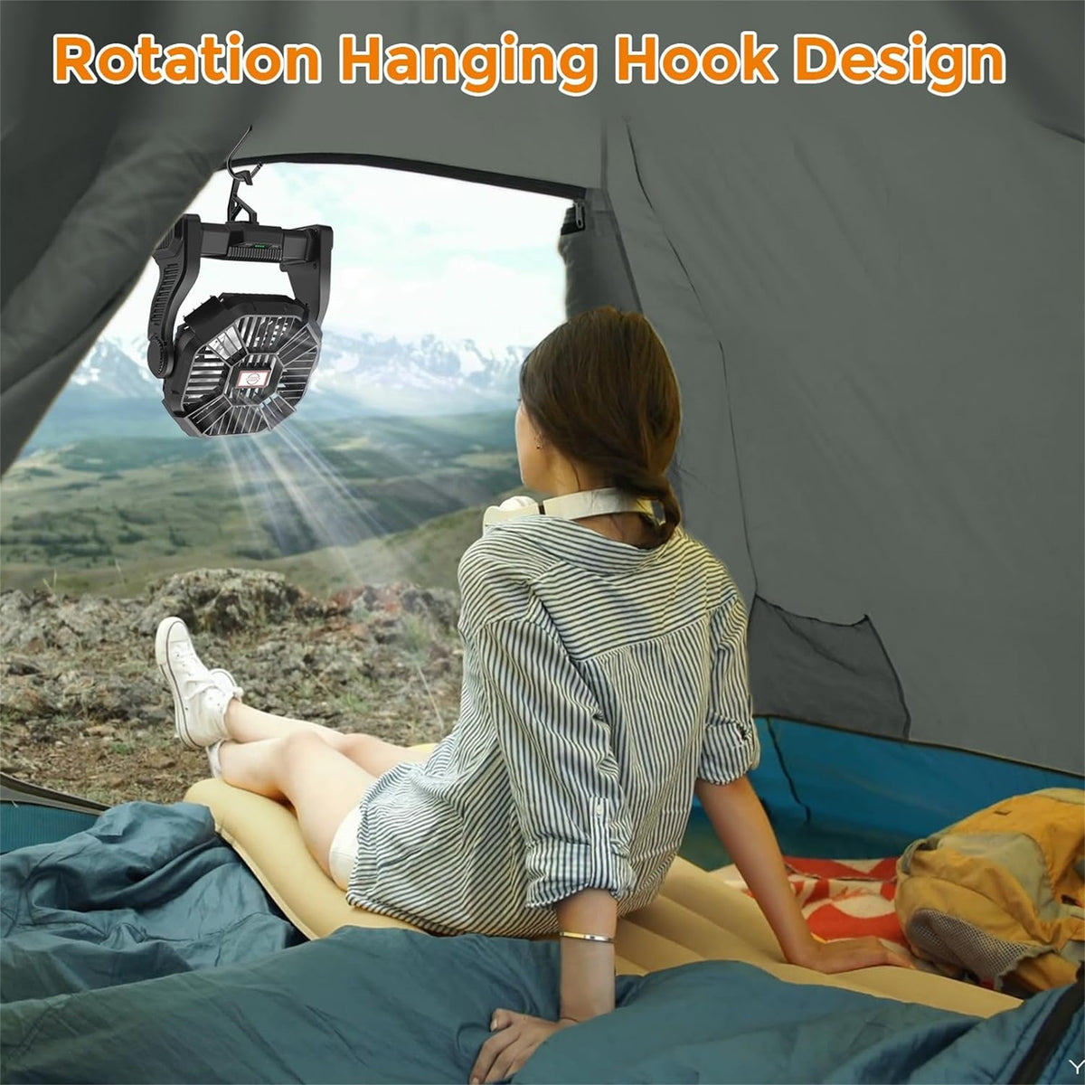 58H Long-Lasting Rechargeable Camping Fan with LED Lantern