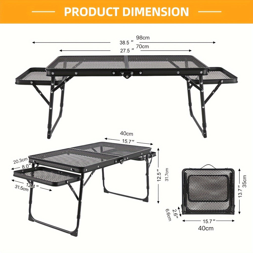 Portable Folding Table With 2 Wing Panels, Camping Table With Mesh Table Top