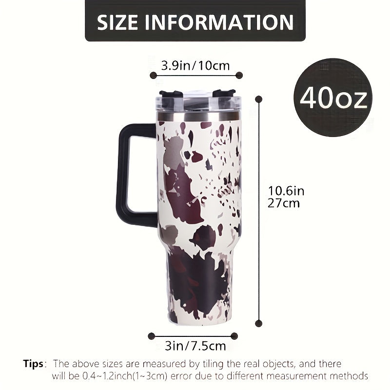 Insulated Cow Print Tumbler with Handle and Straw Lid - 40oz Capacity, 304 Stainless Steel