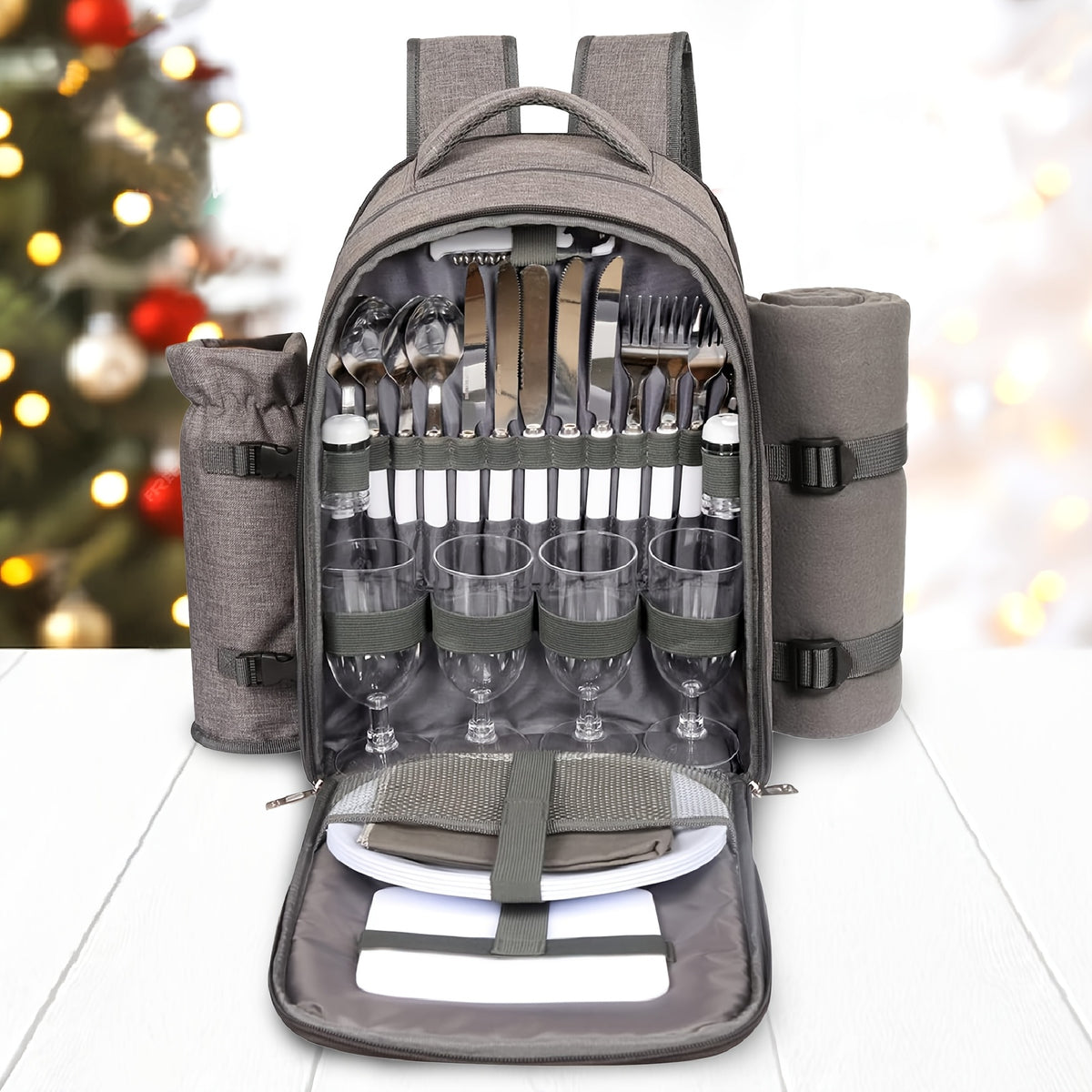4-Person Picnic Backpack with Cooler Compartment, Detachable Bottle/Wine Holder