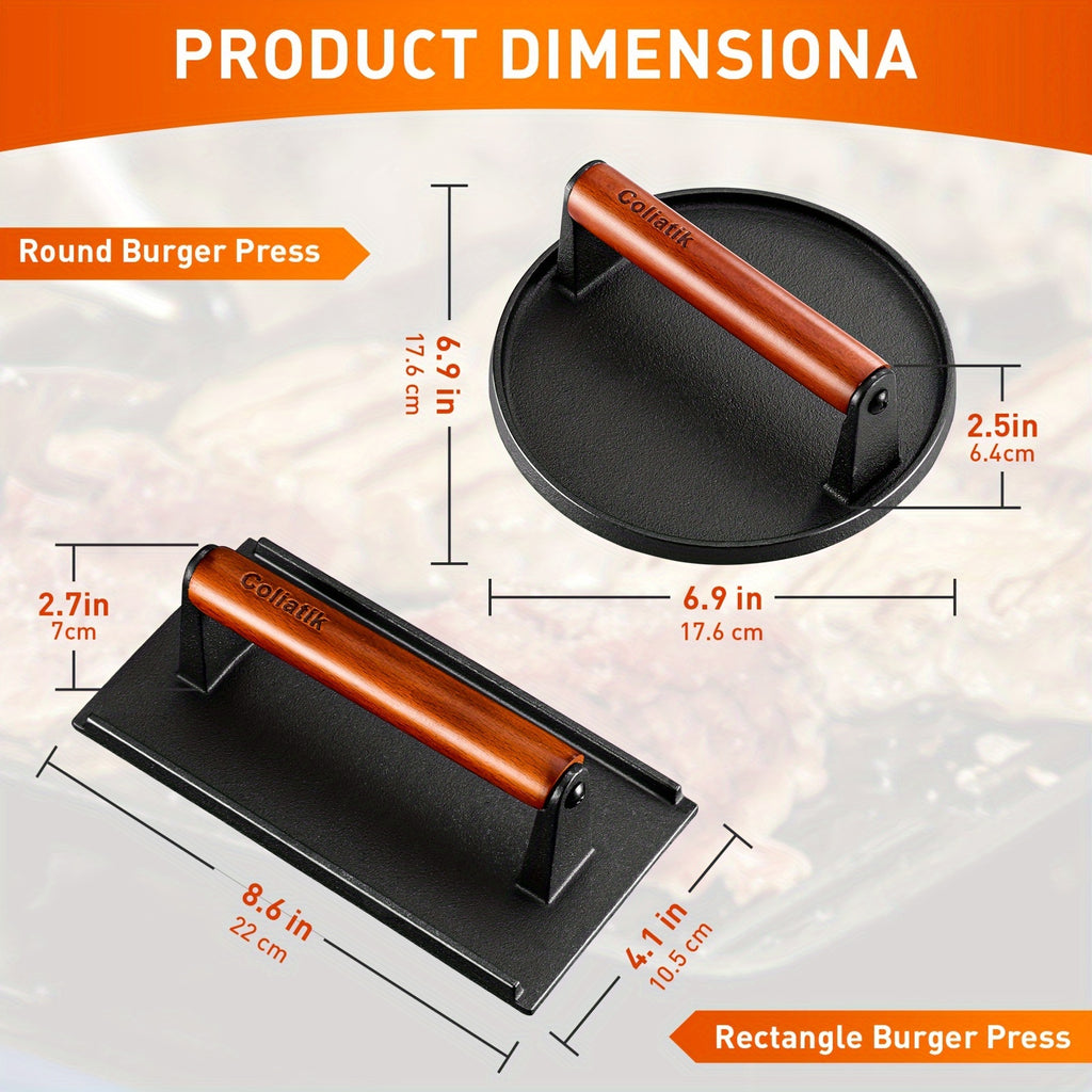 Heavy-Duty Cast Iron Burger Press Kit 7" Round & 8"X4"Rectangle Smash Presses