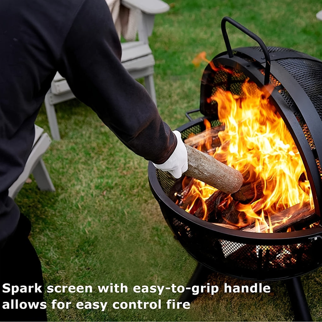 35 Inch  Outdoor Wood Burning Flaming Ball FirePit with Pivot Spark Screen