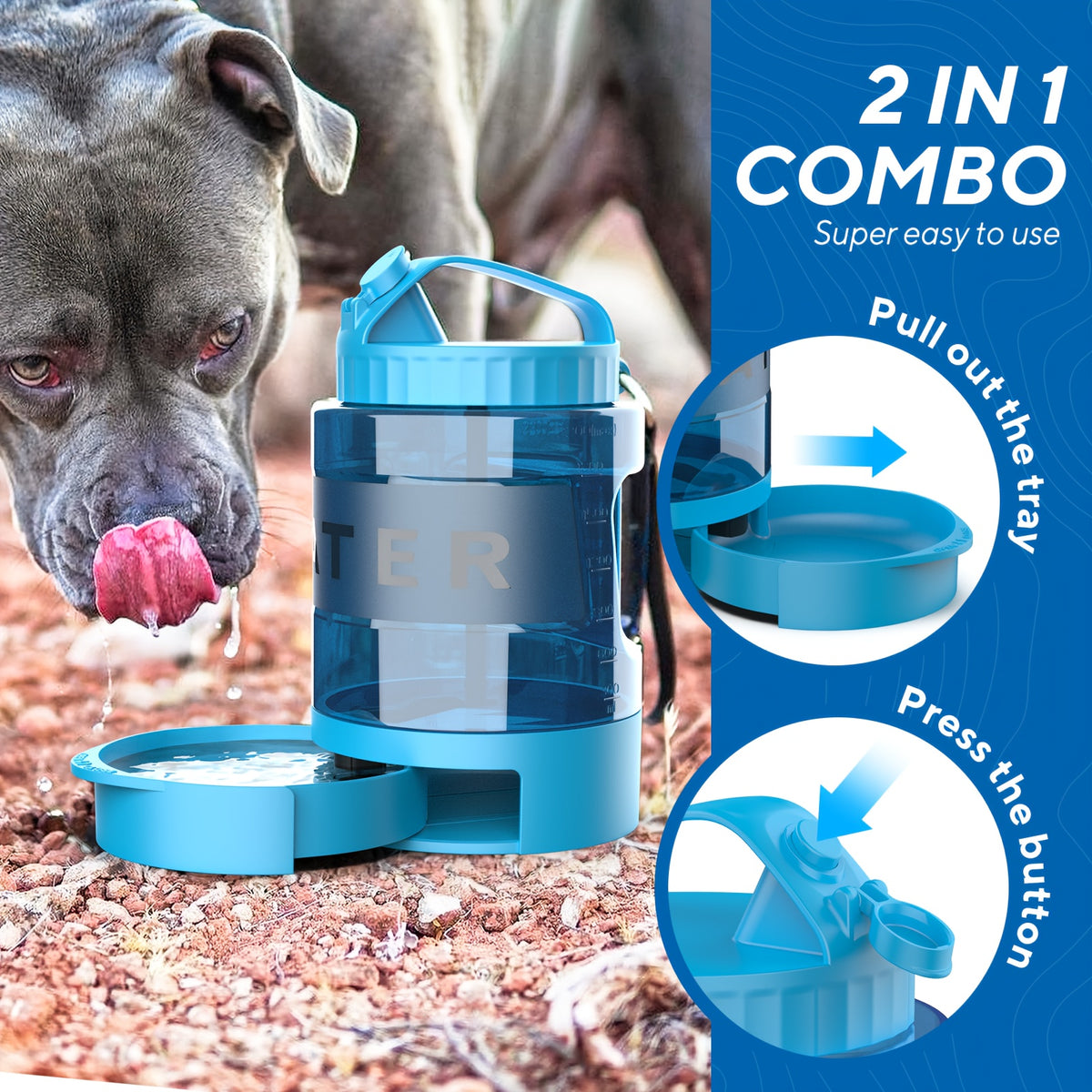 74oz Large Capacity Ocean Blue Dog Water Bottle with Built-In Bowl