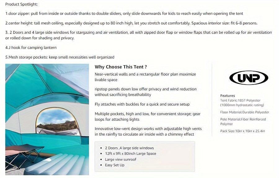 Camping Tent 8 Person, Waterproof Windproof Family Tent with Rainfly