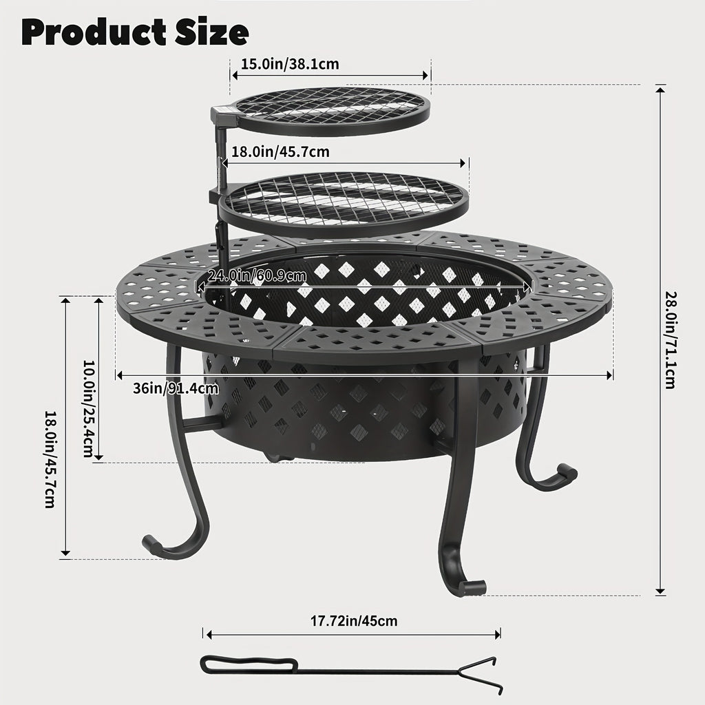 36''x28''Fire Pit, 3-in-1 Fire Pit with Two Grills, Lid, Poker, Waterproof Cover
