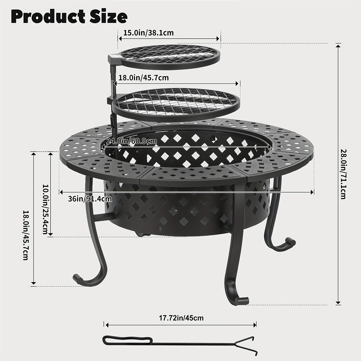 36''x28''Fire Pit, 3-in-1 Fire Pit with Two Grills, Lid, Poker, Waterproof Cover