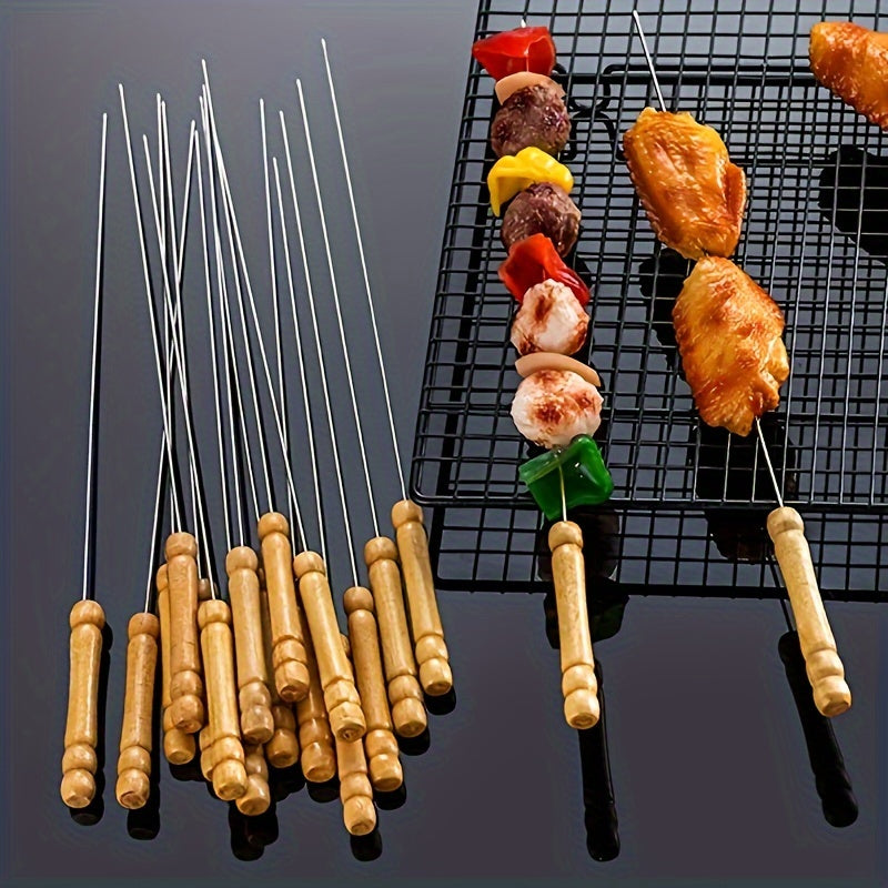 50pcs, Stainless Steel Skewers With Wooden Handle