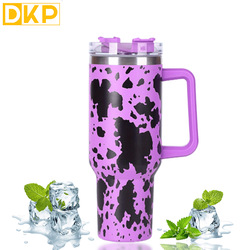 Insulated Cow Print Tumbler with Handle and Straw Lid - 40oz Capacity, 304 Stainless Steel