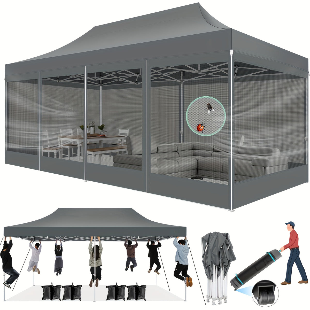 10x20ft Outdoor Canopy Tent with Sidewalls, Waterproof Canopy, Carry Bag with Wheels