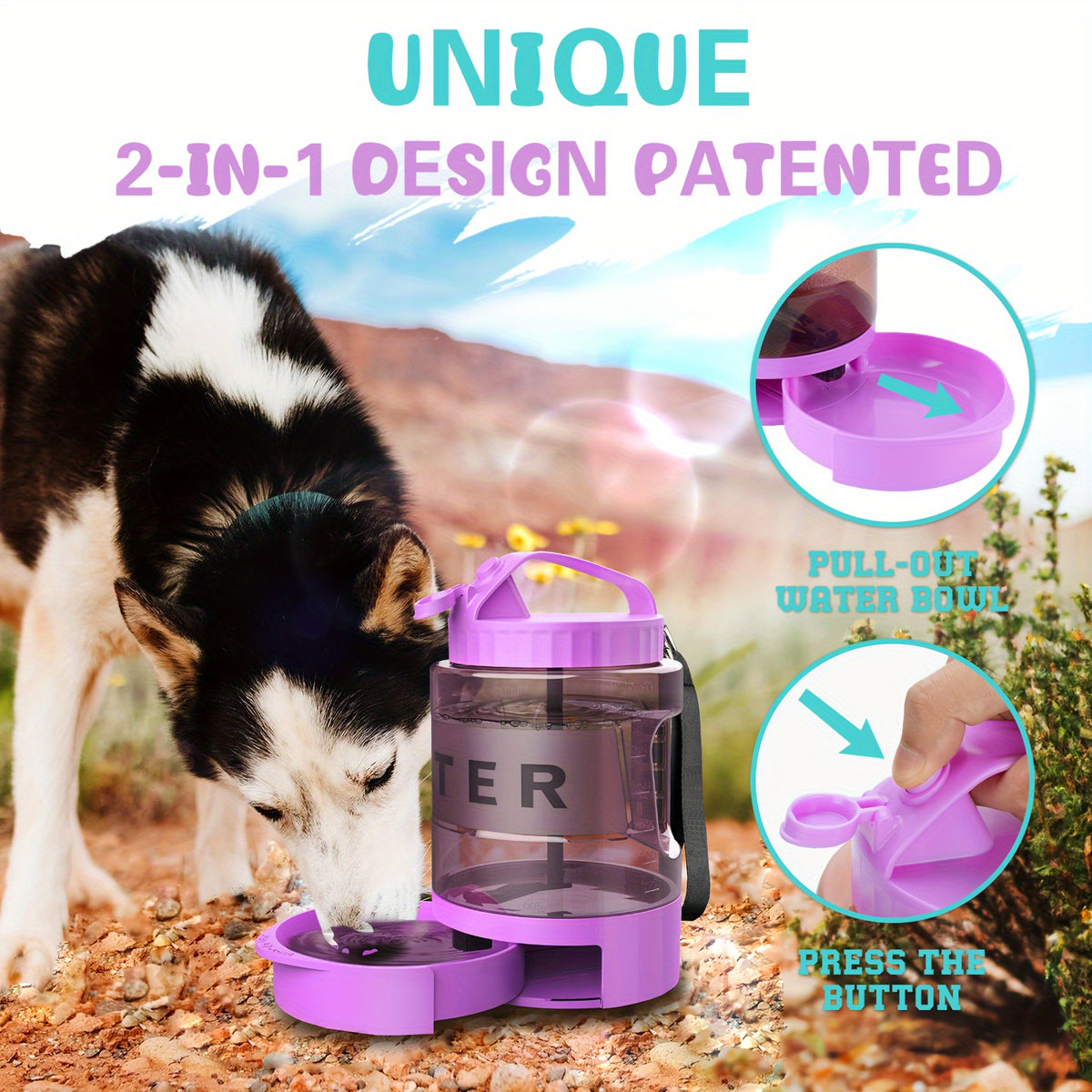 74oz Purple Dog Water Bottle with Pull-Out Bowl
