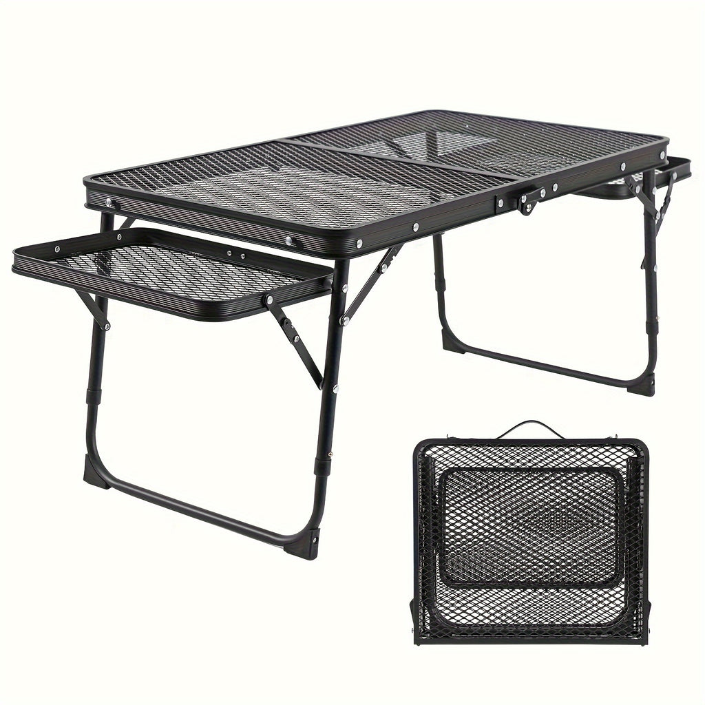 Portable Folding Table With 2 Wing Panels, Camping Table With Mesh Table Top